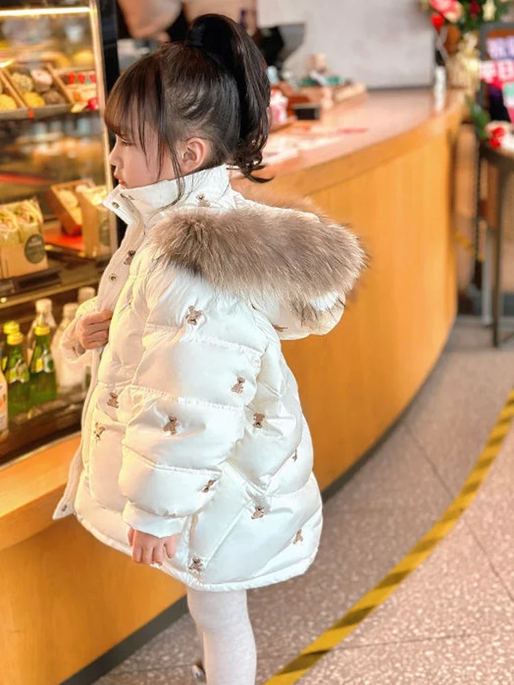 Girls Down Cotton Coat 2023 New Embroidered Long Children's Hooded Collar Winter Thickened Snowsuit Coat CH15