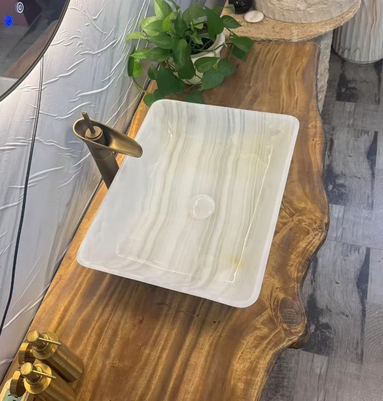 

#P Modern Hotel White Onyx Vessel Sink Handcrafted Natural Stone Marble Flat Base Vanity Bowl Wash Basin for Bathroom Decor
