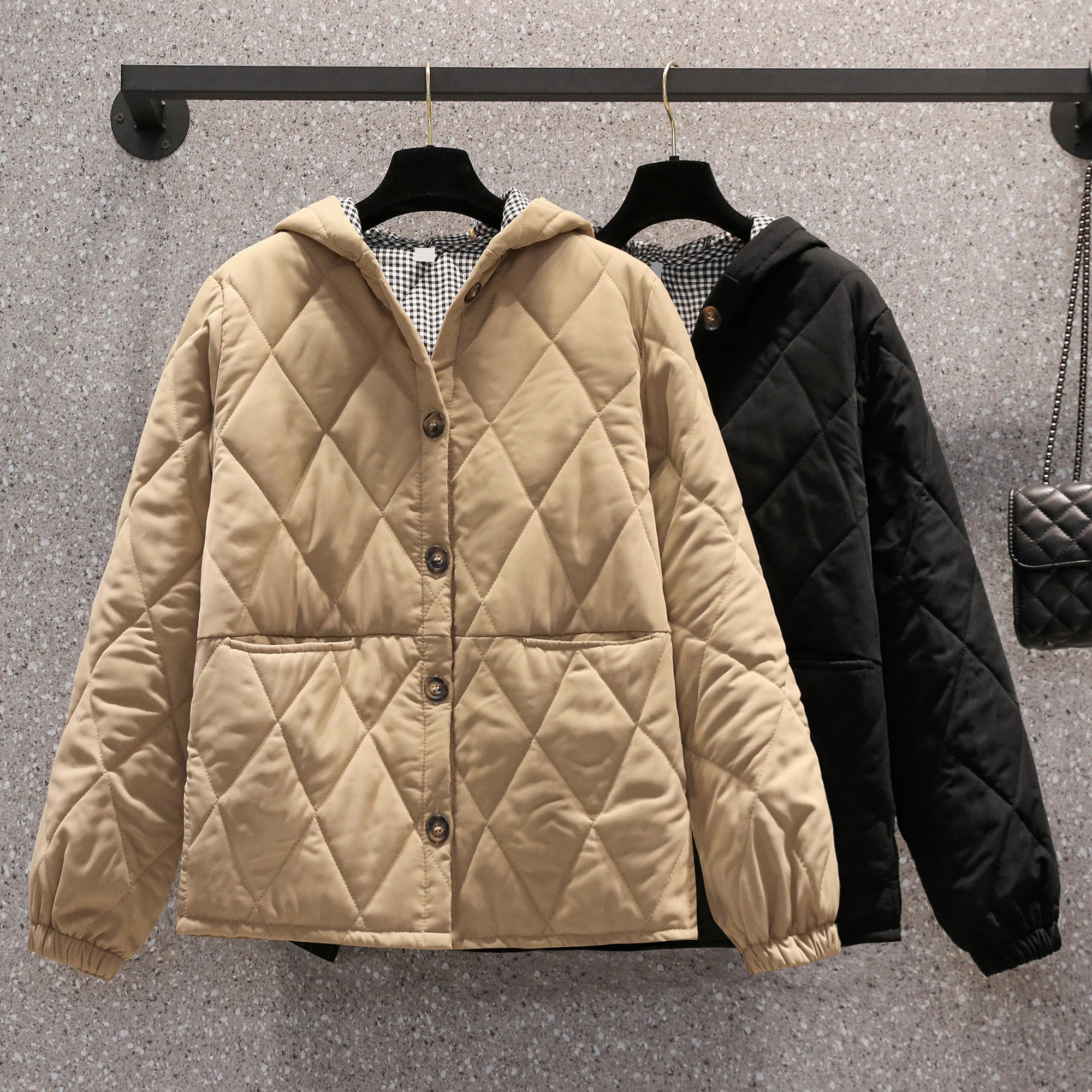 

Faionable стеганая хлопковая куртка с капюшоном Thiened, повседневная верхняя одежда большого размера с ромбовидным узором на осень-зиму