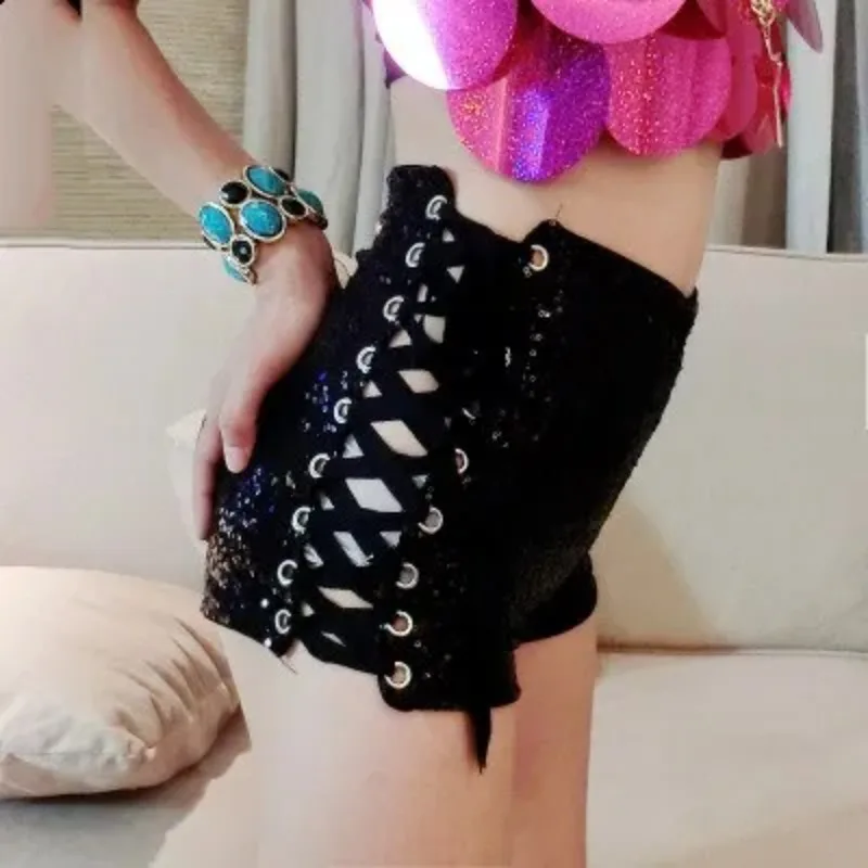 2026 New Sexy High Waist Denim Shorts Women Black Sequined Strap Shorts