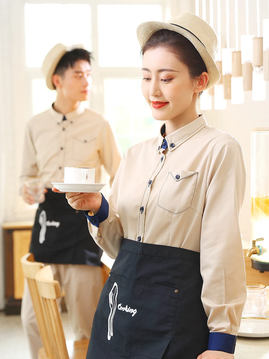 

2023 New Catering Waiter Workers Shirt+Apron Set Western Restaurant Baking Cake Shop Long Sleeve Waitress Uniform Wholesales