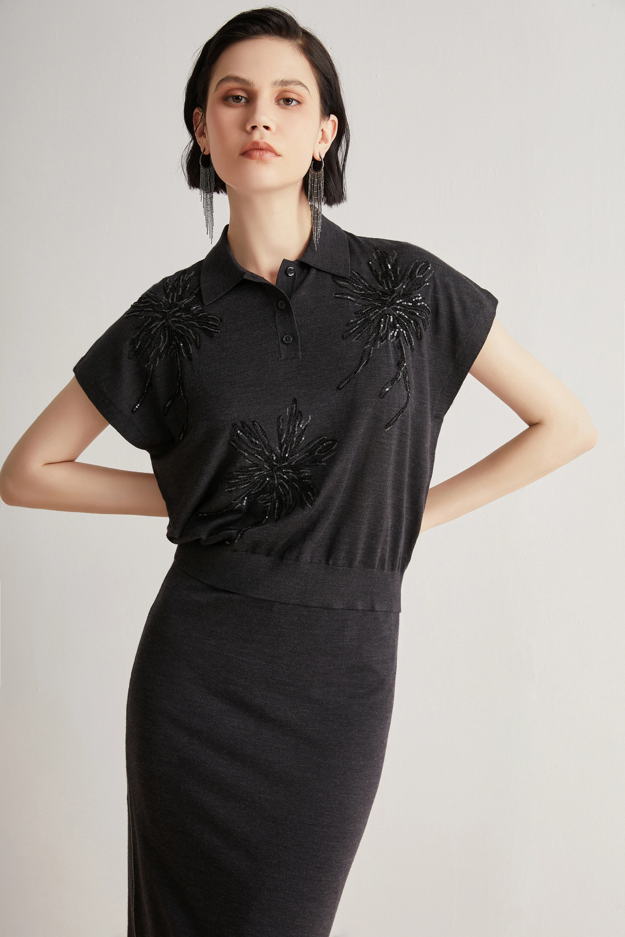 Exquisitely trimmed merino wool silk short sleeve blouse