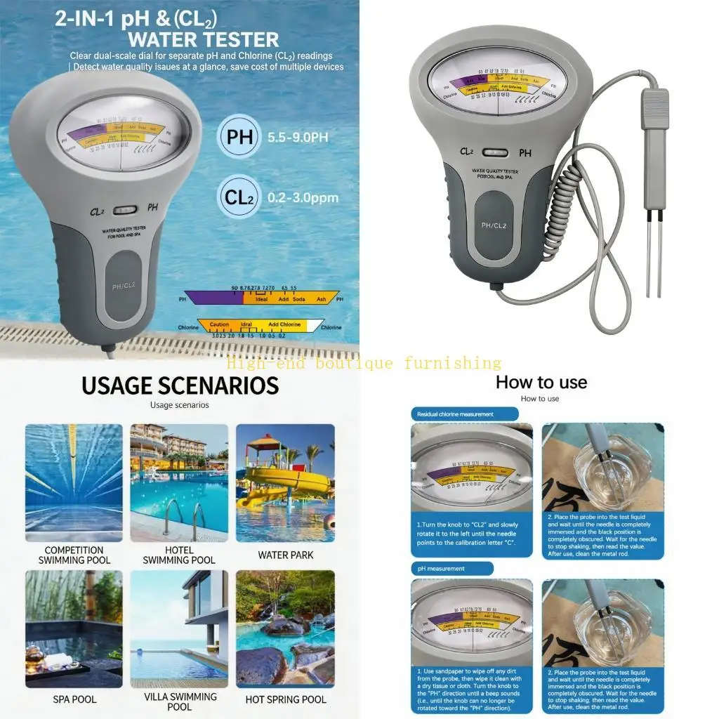 L9NB Handheld Pool Water Quality Tester for Chlorine and Acidity, Direct-Read Color Scale Meter with Corded Probe for Backyard