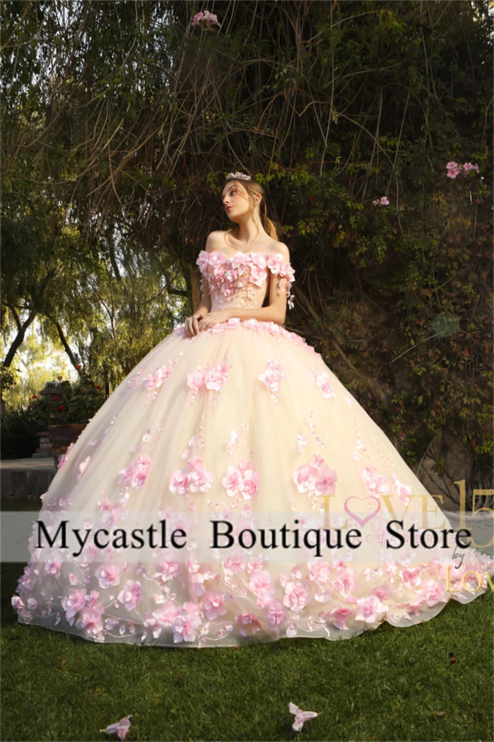 

Pink Tulle Ball Gown Lace Quinceanera Dresses 2024 Off Shoulder 3D Floral Court Train Sweet 16 Dress Birthday Dress Lace up