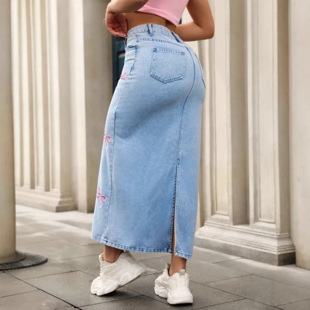 Leopard Print Denim Skirt Women Vintage High Waist Washed Distressed Single Breasted A Line Pockets Long Skirts Streetwear