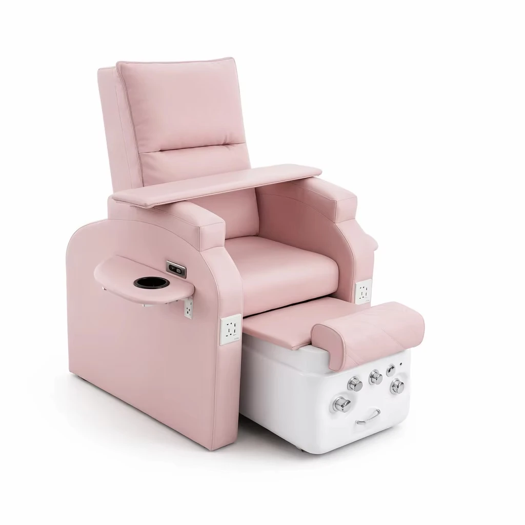 Luxury Pink Pedicure Spa Chair with Electric Reclining Backrest White Base Footrest Professional Salon Nail Foot Massage Throne
