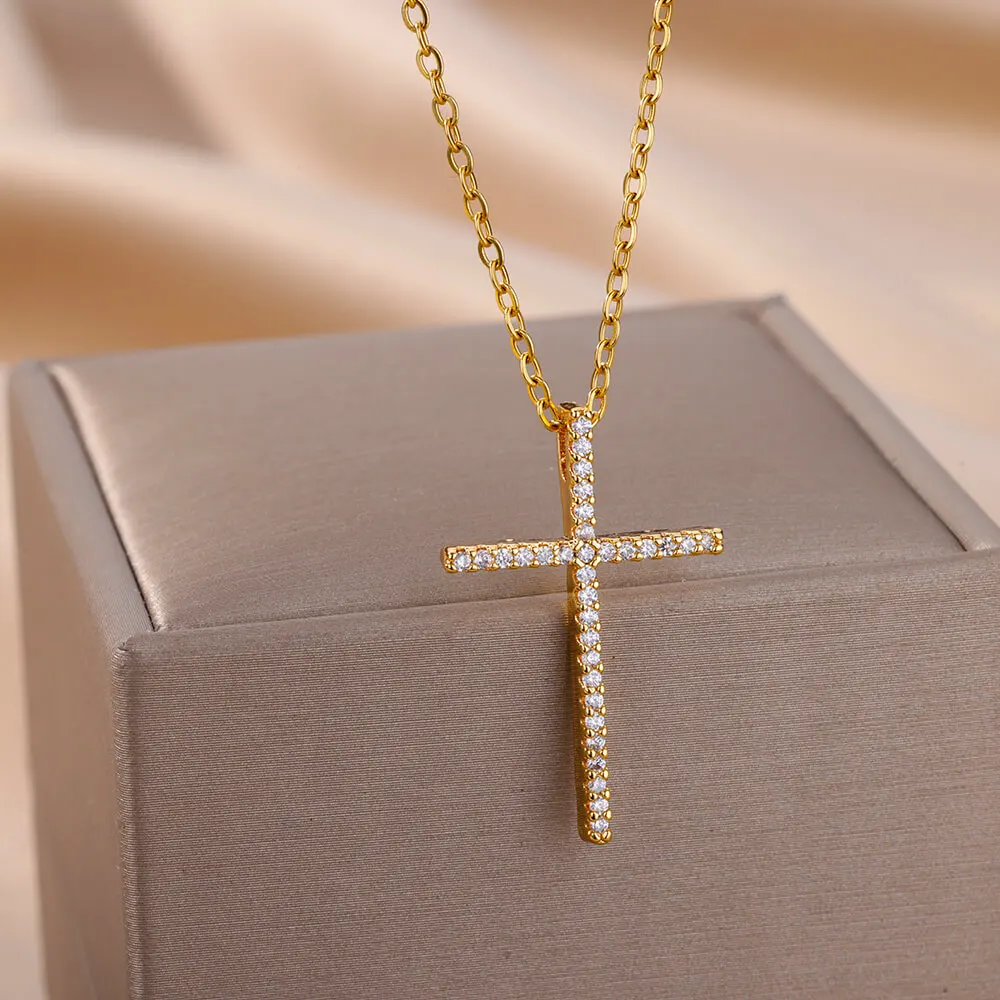 Classic Fashion Shiny Zircon Cross Pendant Necklace For Women Stainless Steel Gold Color Chain Necklaces Wedding Couple Jewelry