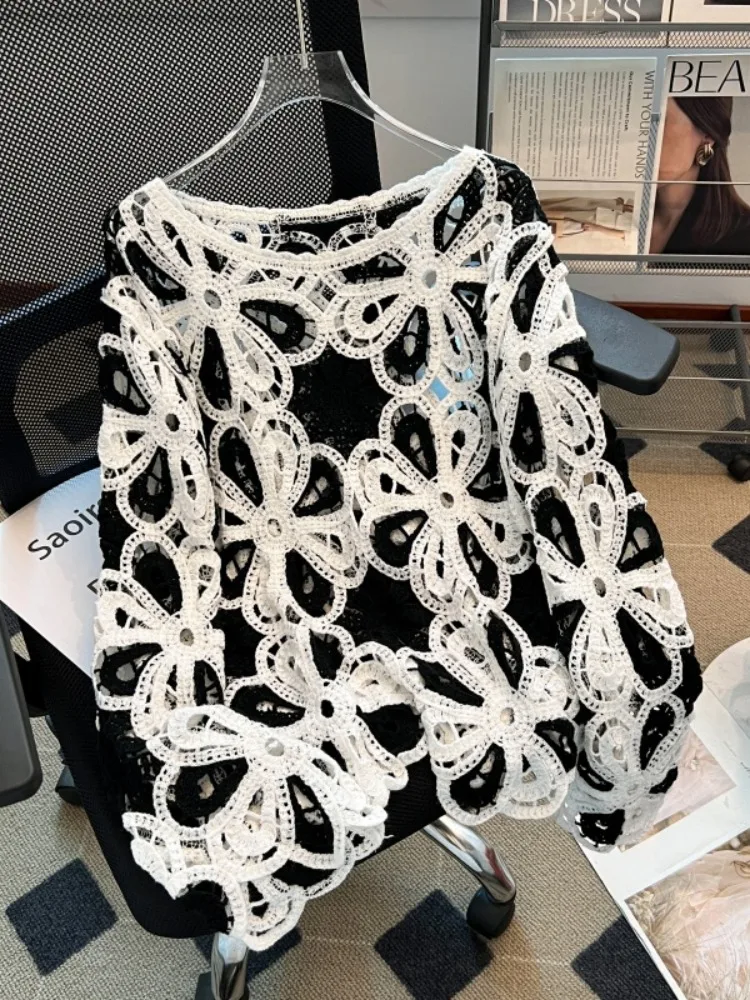 

Women's Knitted Hollow out Hook Flower Top Spring 2026 New plus Size Outerwear Casual Sle Long Sve round Ne irt
