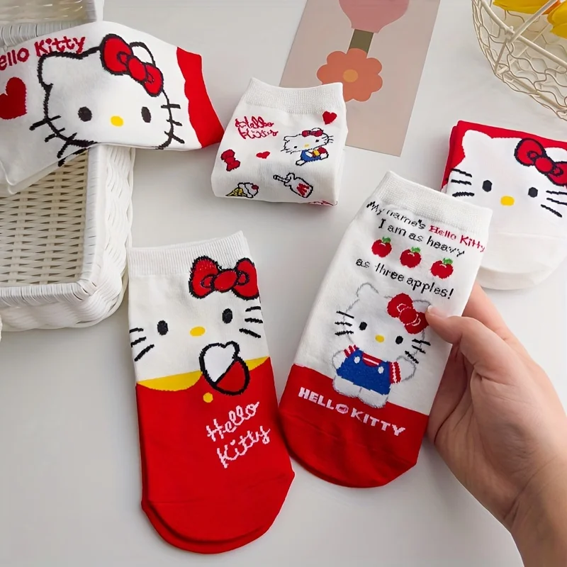 5 Pairs Cartoon Sanrio Hello Kitty Red White Short Socks, Cute Japanese Style Ankle Socks, Women's Stockings & Hosiery