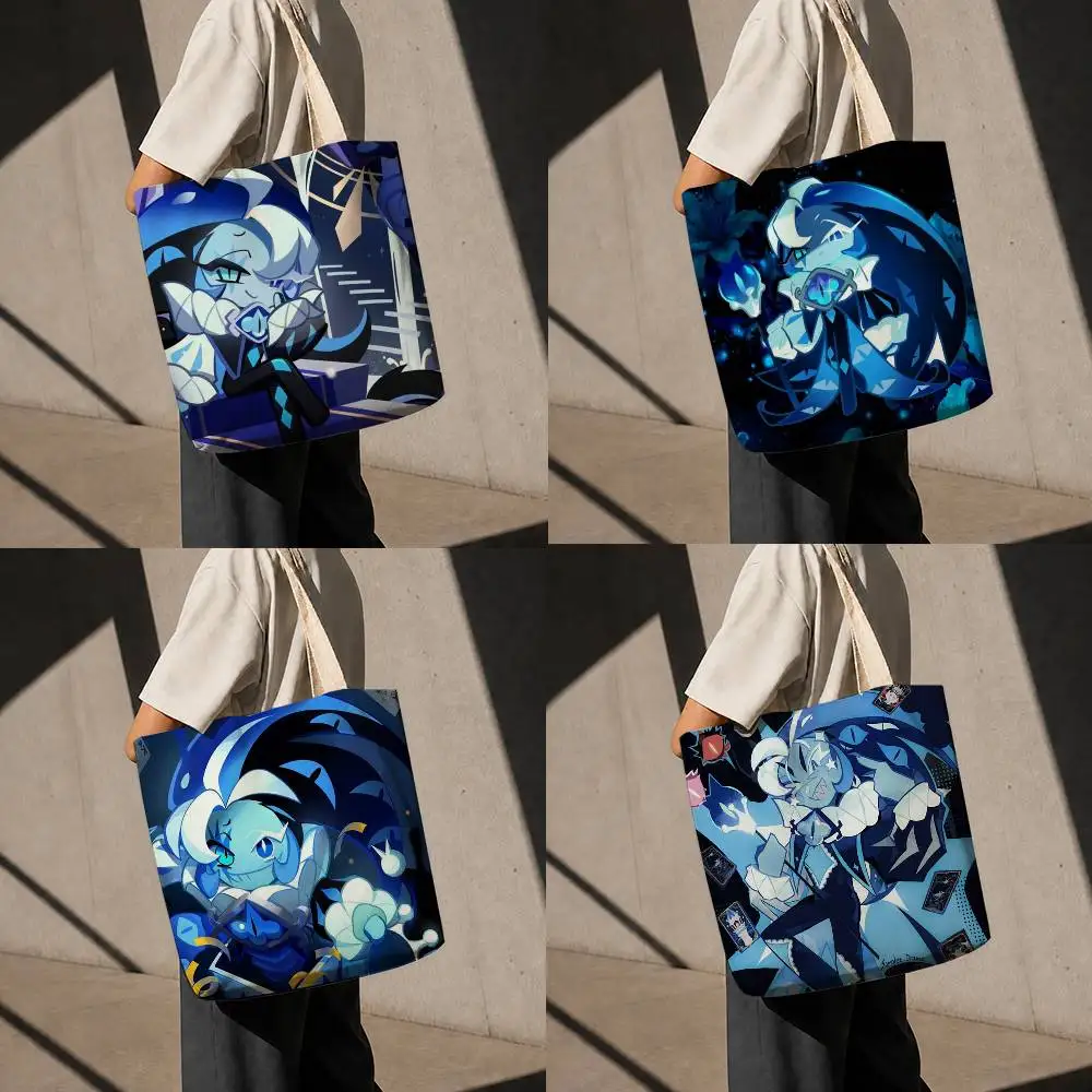 1pc Shadow Milk Cookie Cartoon Style Printed Canvas Tote Bag with Zipper for Work School and Travel