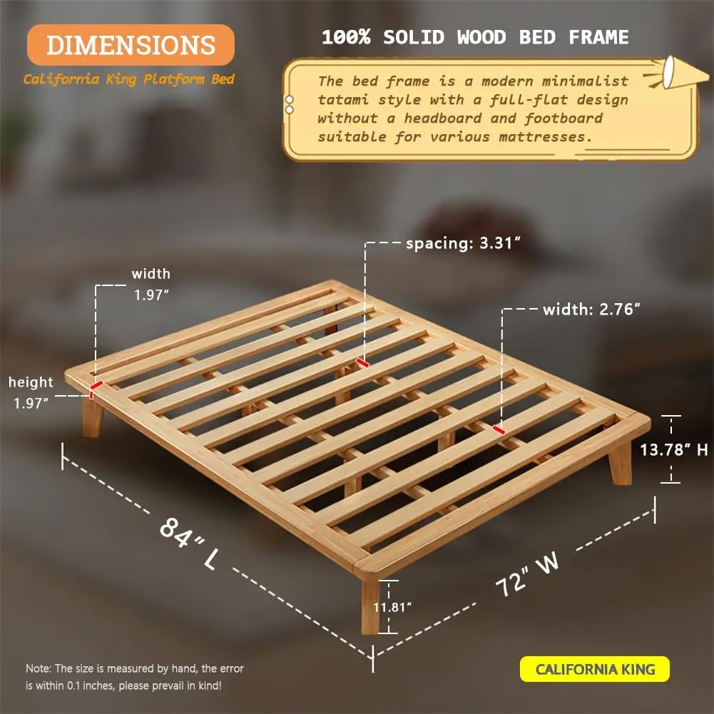 California-King Platform Bed Base - 14 Inch Solid Wood Mattress Foundation with Support Slats and Legs, California King Size Rub