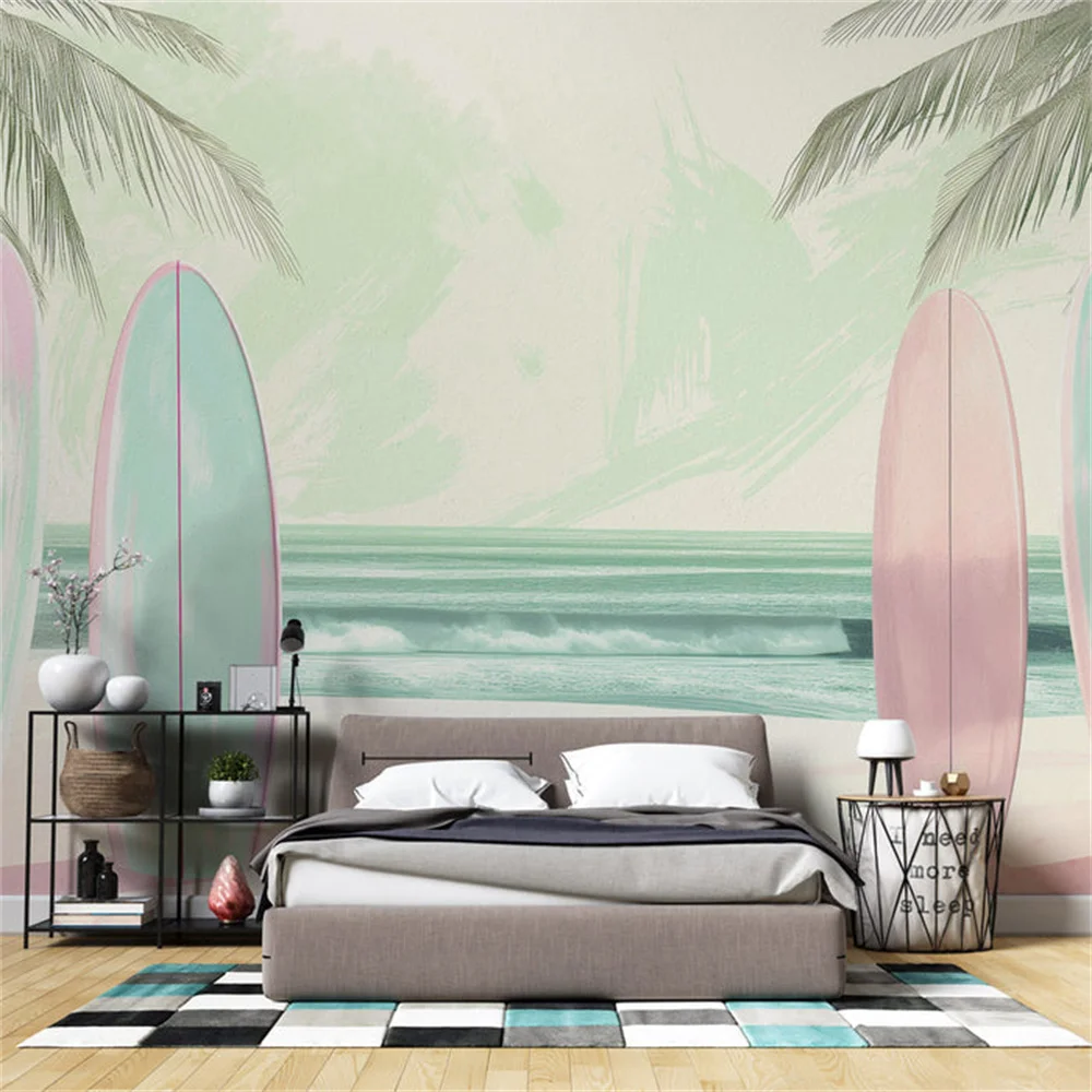 Full size custom 3D printed surfing wallpaper with wooden boards and coconut wood powder painting