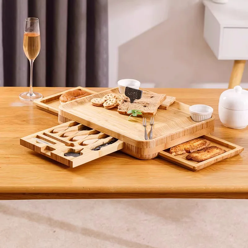 

Bamboo 3 Drawers Cheese Board Nordic Style Chopping Block Set Bread Board Steak Cutting Board with Knives Forks Fruits Plate