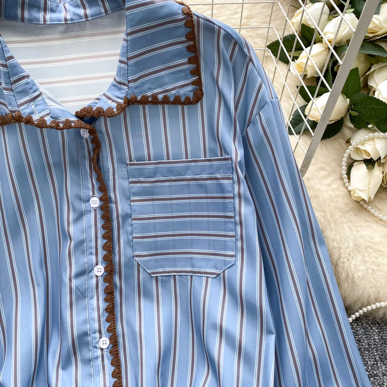 Blouses Women Shirt Turn Down Collar Full Sleeve Tops Striped Y2k Streetwear Elegant Splice Shirts Work Casual High Waist 2025