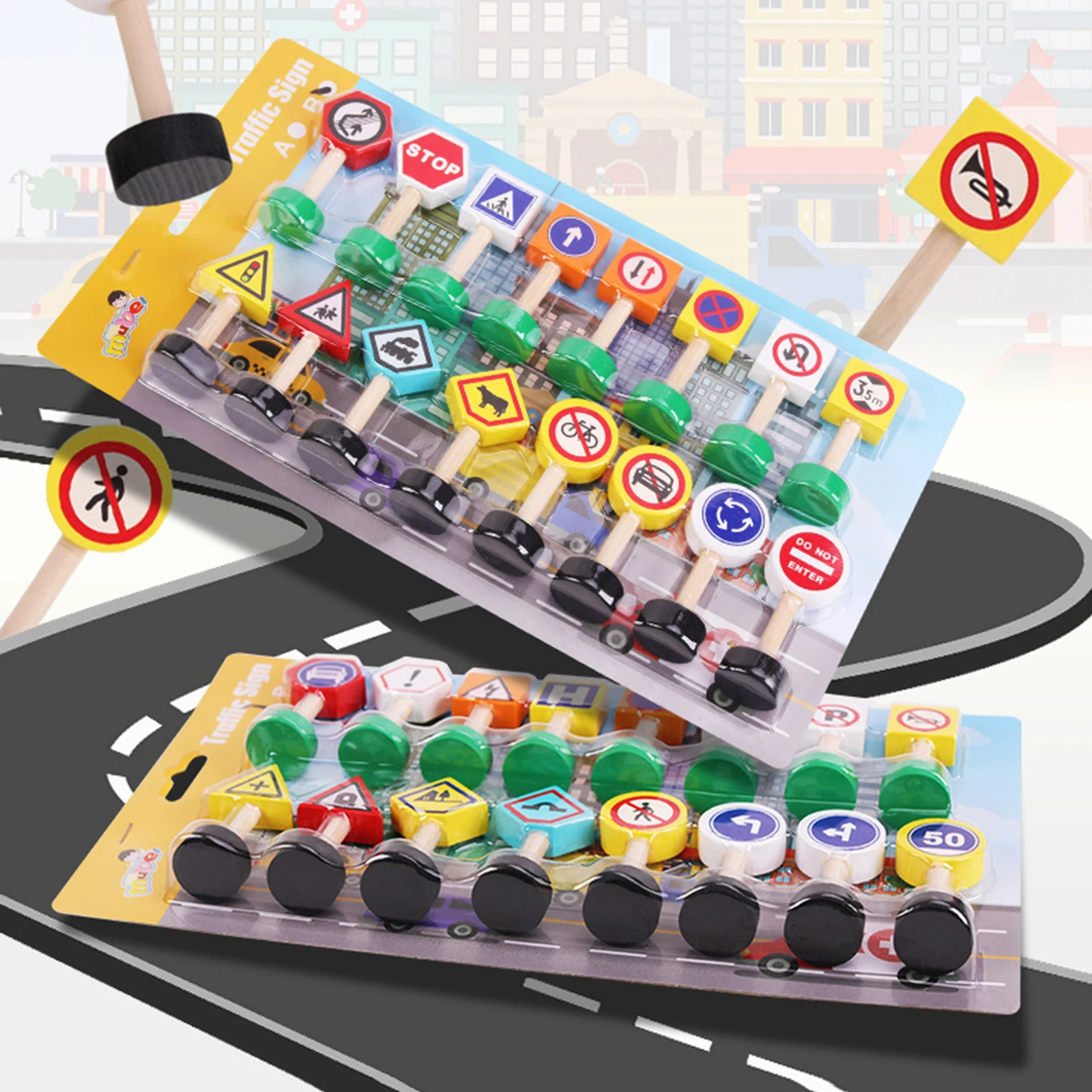 木製子供の都市交通道路標識看板安全意識シーンビルディングブロック早期教育知育玩具