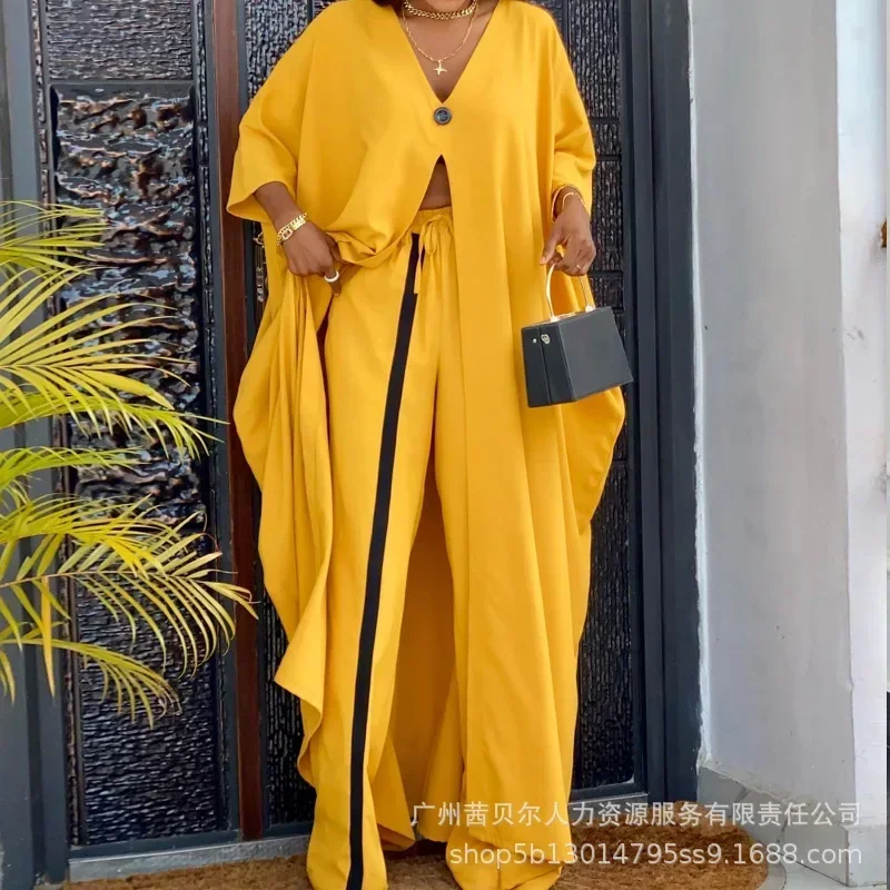 Casual Spring And Summer Pullover Seven-quarter Sleeve Fashionable Yellow V-neck Loose Long-sleeved Blouse Set Trousers Street