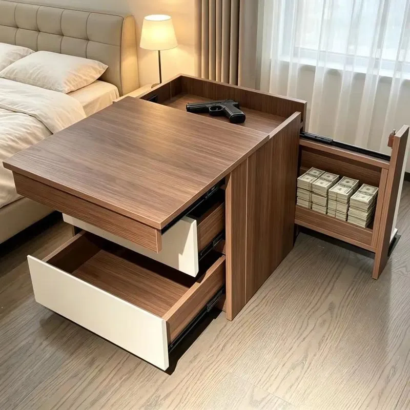 modern wooden bedside table with hidden storage compartment, 2 drawers, NFC , bedside table, side locker