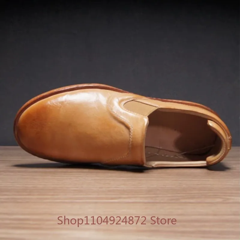 Retro Style Fashion Soft Sole Sport Casual Loafers Men's Leather Shoes Slip on Genuine Leather Outdoor Hiking Sneakers Male