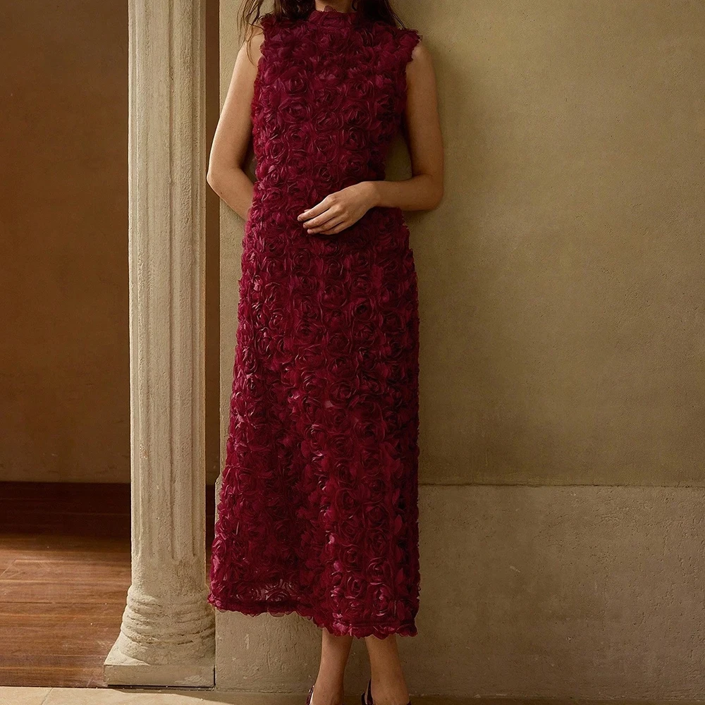 Maßgeschneiderte A-Linie-Abendkleider, knielang, hochgeschlossen, ärmellos, Abendkleid, schlicht, modisch, mit Blumen drapiert, lässiges Partykleid