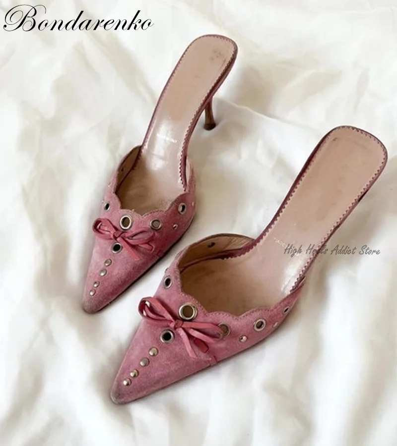 Suede Leather Bow Mules in Black\Pink Pointed Toe Hiigh Heels Slippers Women Summer Vintage Elegant Causal Party Dress Shoes