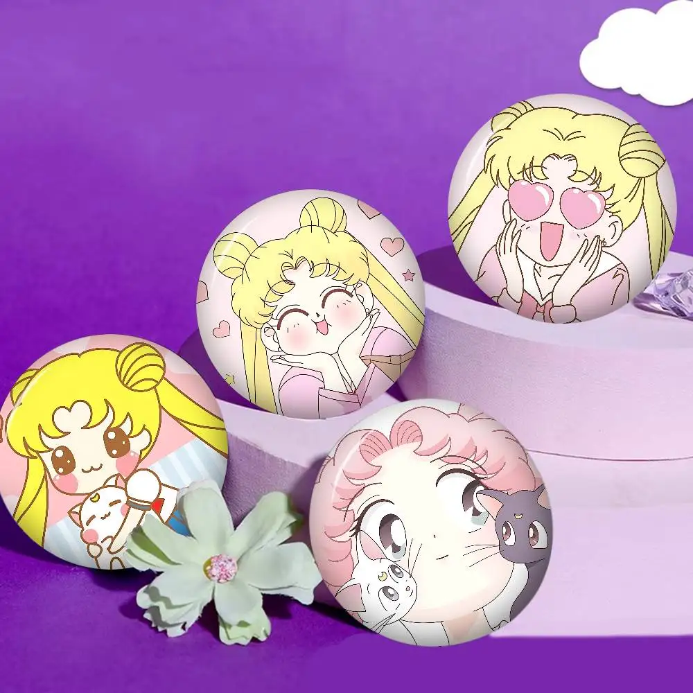 S-SAILOR Anime M-MOON Creative Pins Funny Faces Round Snap-in Brooch Badge Backpack Hat Accessories Jewelry Gifts