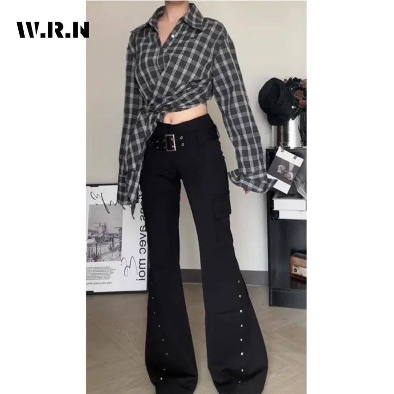 Hotsweet Vintage Casual High Waist Solid Color Pants For Women High Street Style Slim Fit Overalls Sheath Y2K Black Trouser