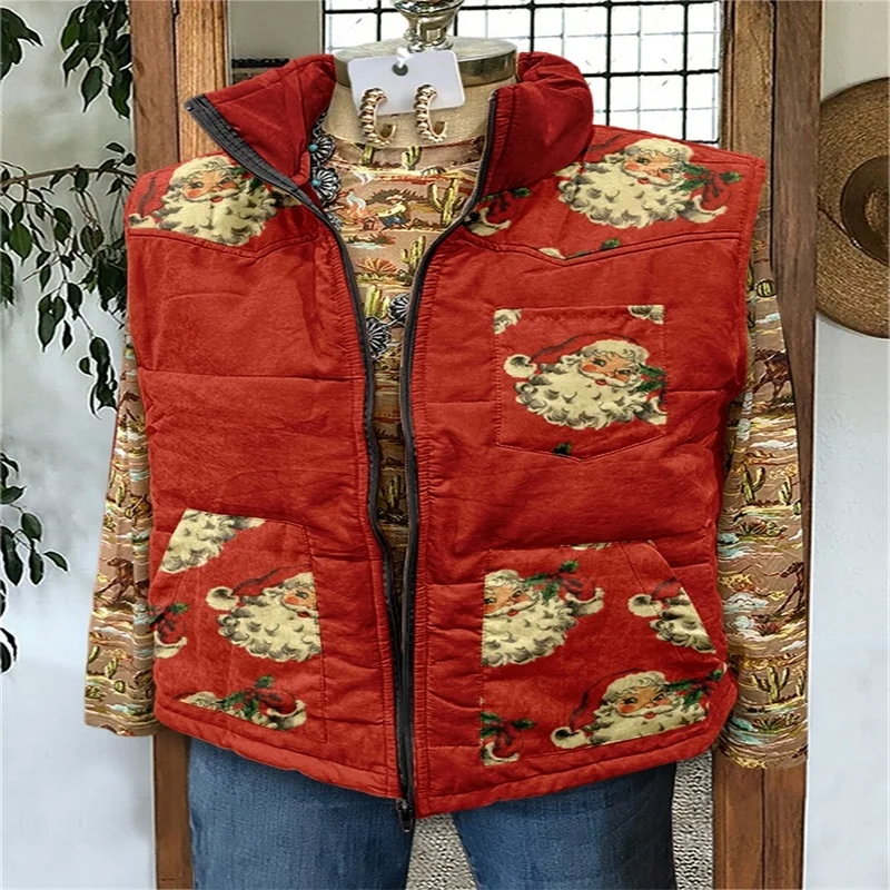 2025 New style Women's Fashion Vest Casual Jacket Printed Pattern Women's Warm Sleeveless Plush Soft And Comfortable