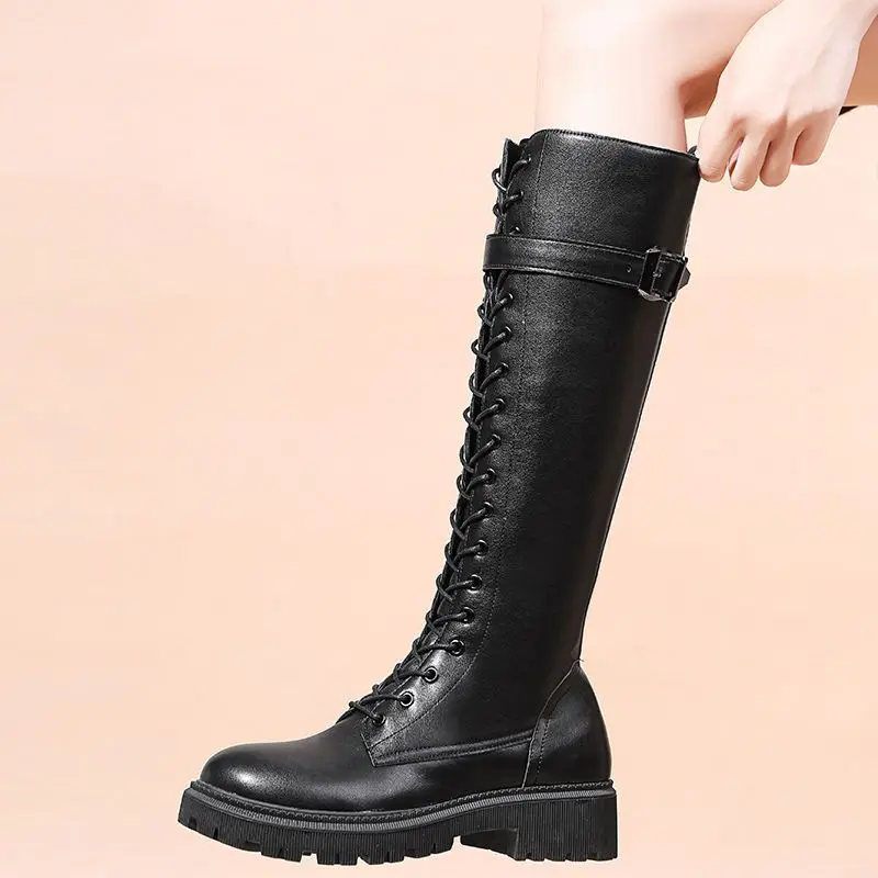 Buty damskie Biker Long Footwear Middle Heel Shoes For Woman New Rock Winter Knee High Shaft In Stylish Promotion Boot Pu