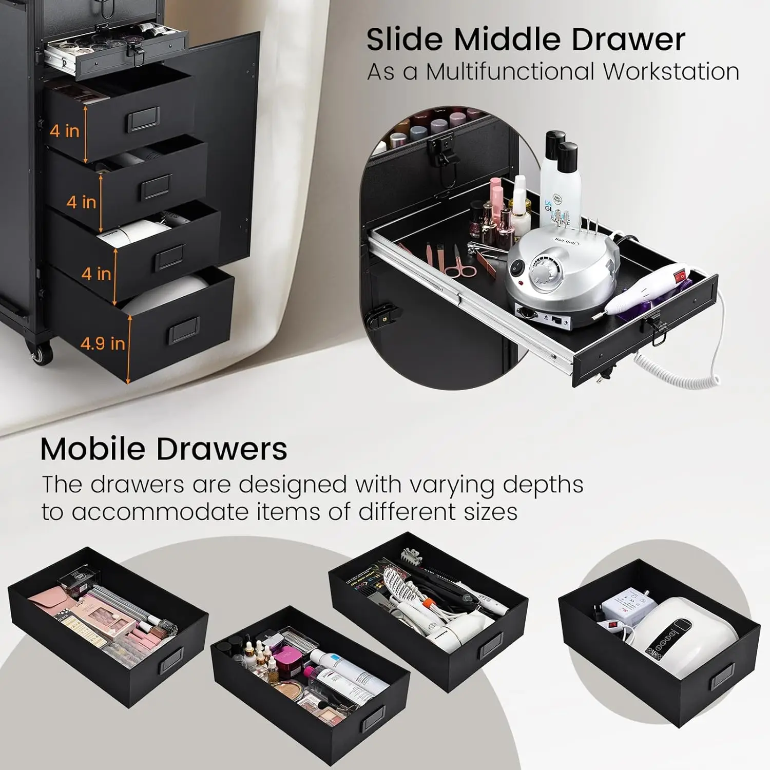 المتداول طاولة مانيكير 5 أدراج ماكياج عربة طوي مسمار مكتب حقيبة ماكياج على عجلات مستحضرات التجميل مسمار الجدول محطة العمل المحمول #5
