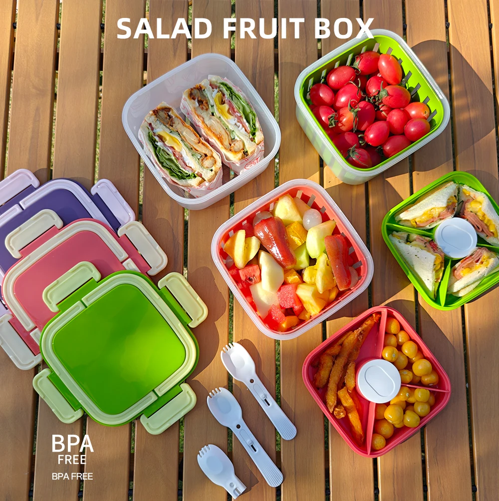 Square Single Layer Microwaveable Bento Box Portable Student Fruit Salad Container with Drainage Tray Food Storage Lunch Box