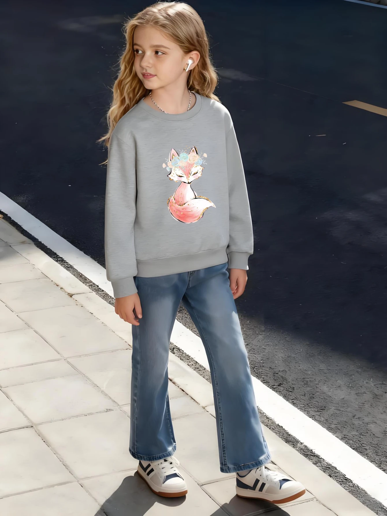 

​ Детский хлопковый свитшот с цветочной лисой и блестящими деталями для мальчиков и девочек, милая модная фея ​