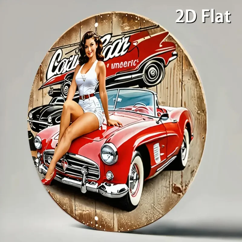 [مسطح [مسطح] لافتة معدنية من القصدير للسيارة العتيقة - ديكور حائط دائري من الألومنيوم مع رسم توضيحي لفتاة السيارة الكلاسيكية، سيارة حمراء قديمة