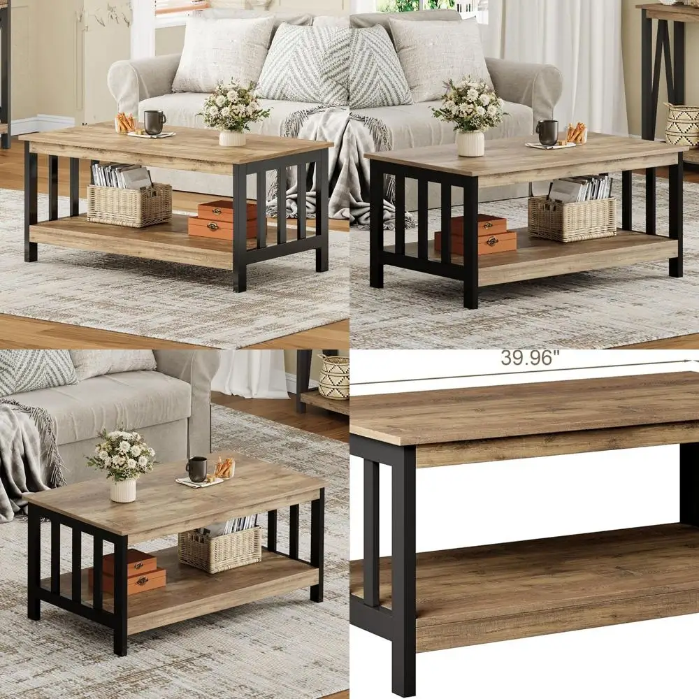

Rustic Oak and Black Farmhouse Living Room Coffee Table with Shelf, 40 Inches