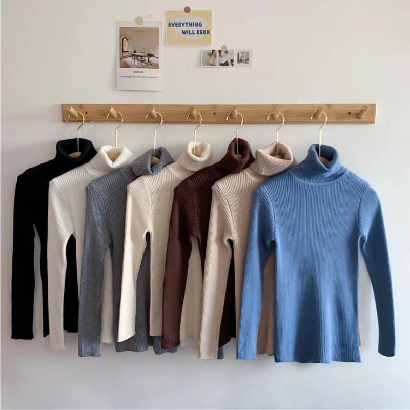 

2025 Long Sleeve Knitted Slim Solid Ribbed Pull Sweaters Autumn Winter Turtleneck Women Sweater Soft Warm Femme Jumper Pullover