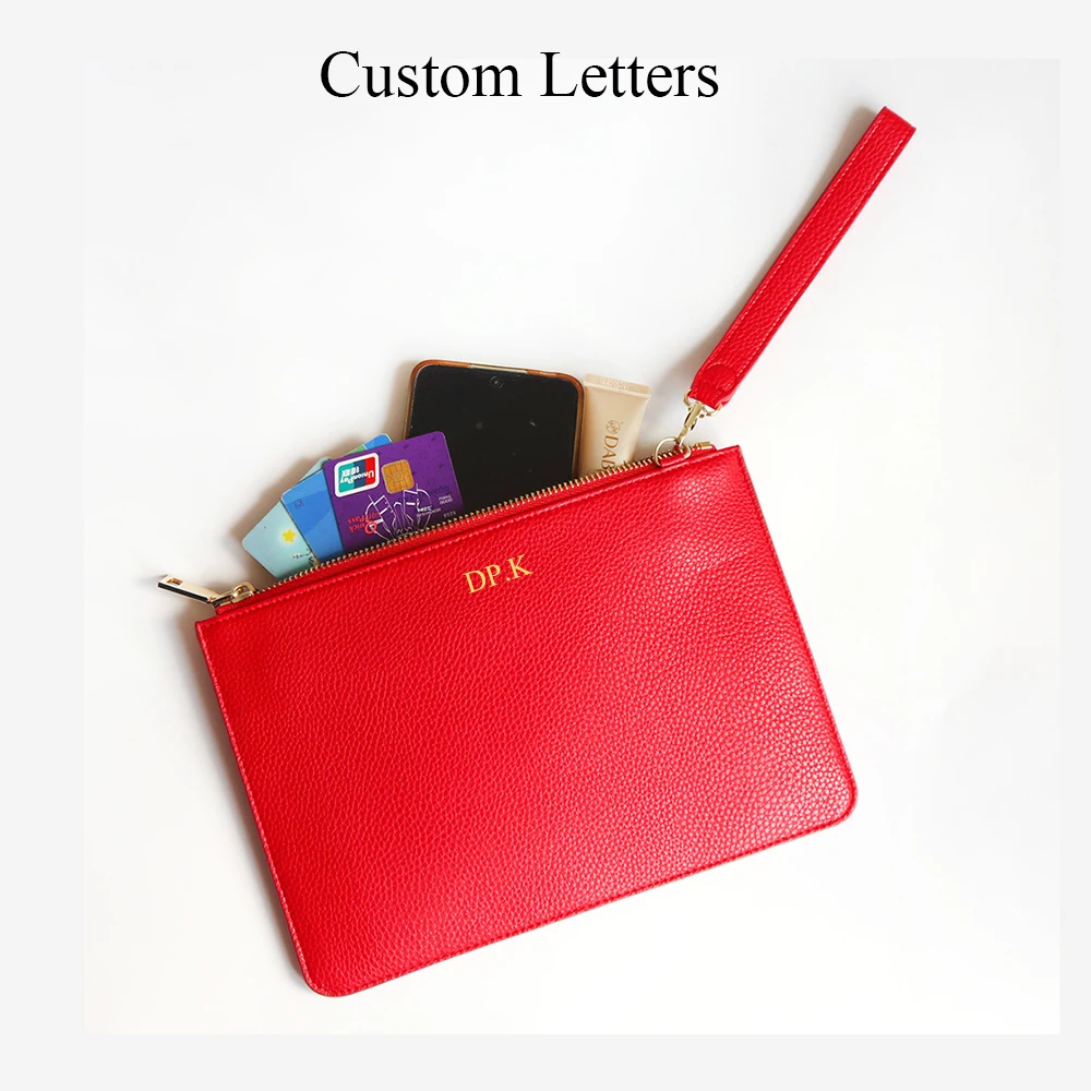 Monogram Letters Slim Women Clutch Bag Classic Fashion Personalize Name Female Zip Pouch with Strap Female Slim Large Purse