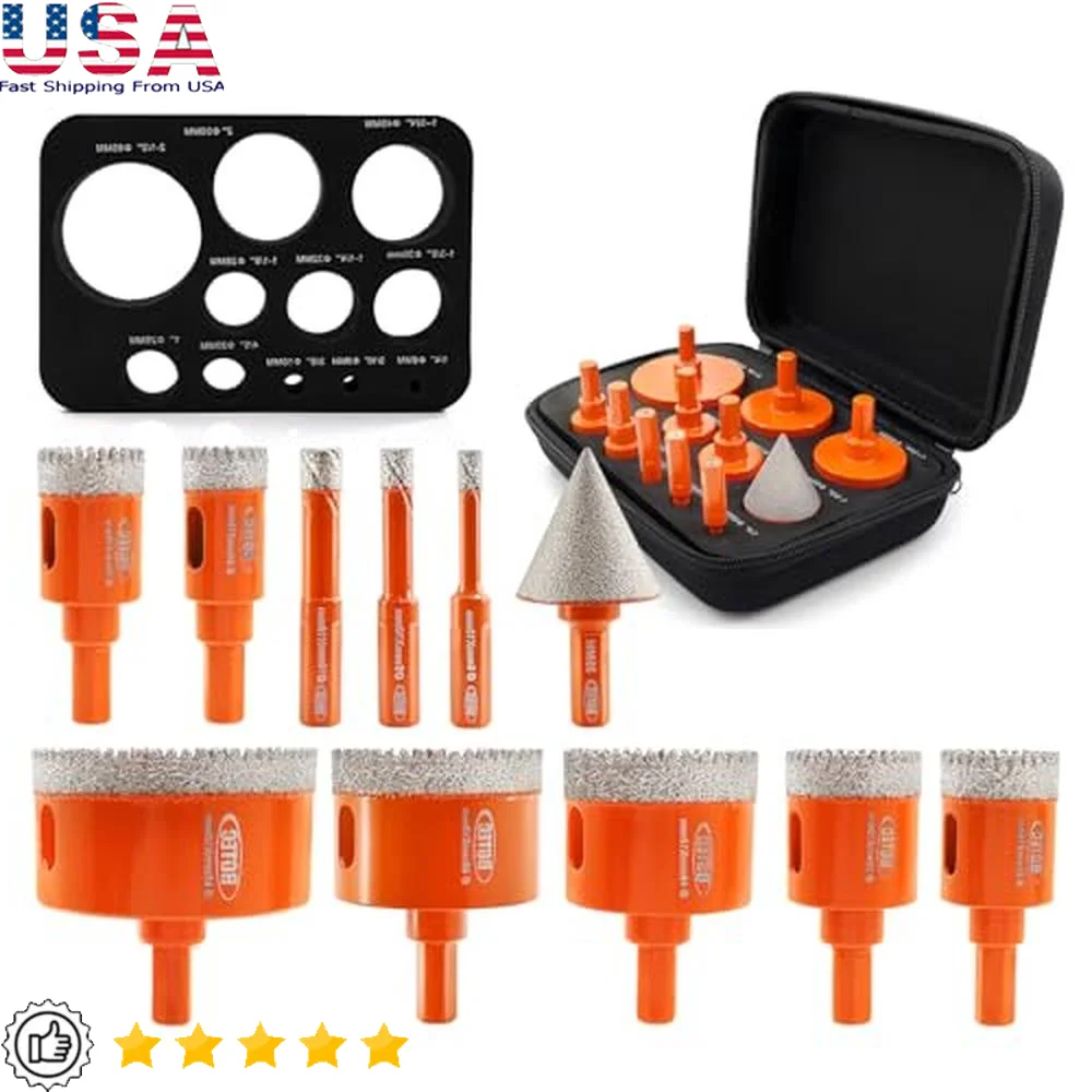 Diamond Hole Saw Kit Triangle Shank 10pcs Drill Bits 6/8/10/20/25/28/32/45/50/65mm  1pc Beveling Bit Dry Wet Drilling Porcelain