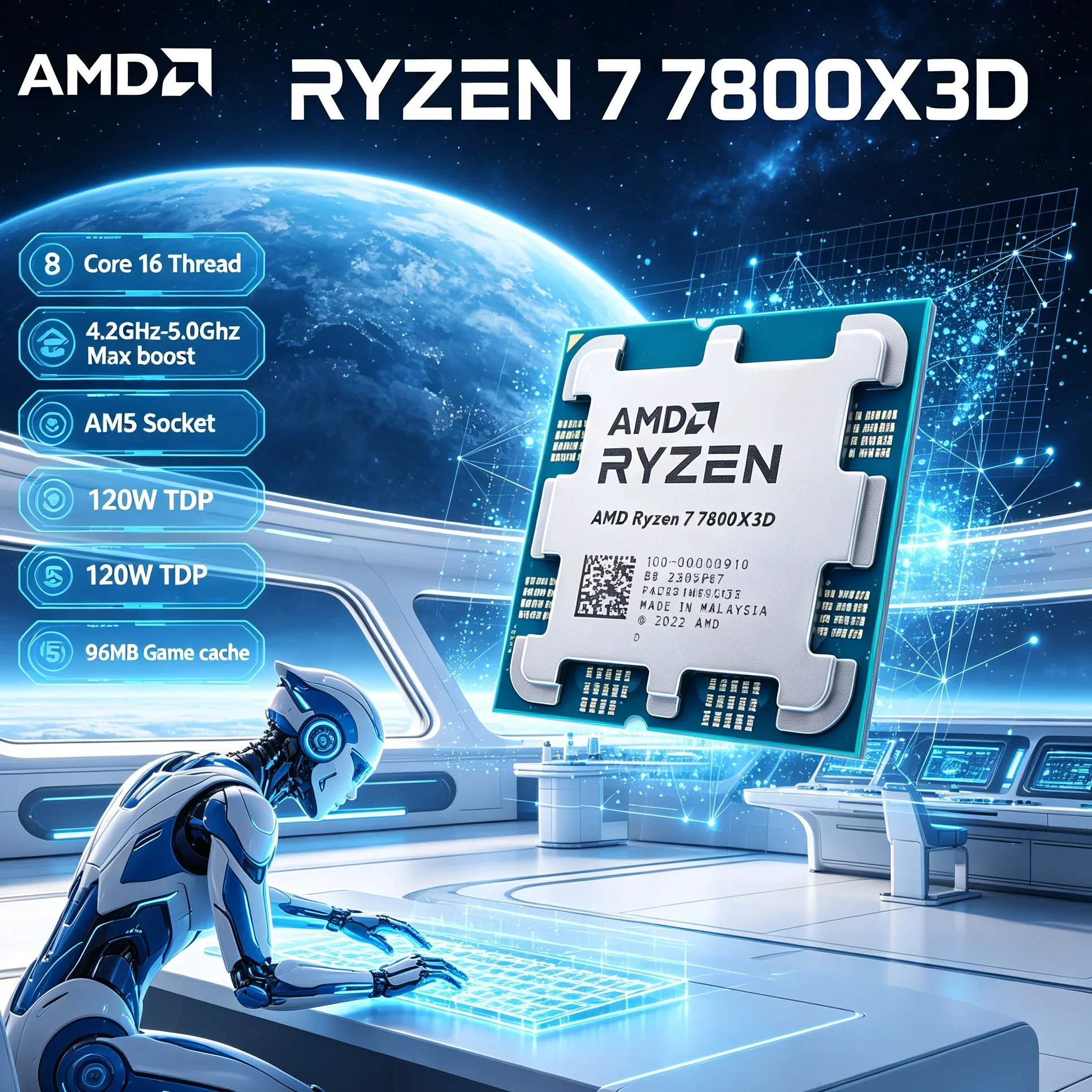 AMD Ryzen 7 7800X3D 8-Core 16-Thread 96MB V-Cache AM5 5nm 5.0GHz 120W TDP High Performance Gaming CPU Without Fan Tray Version