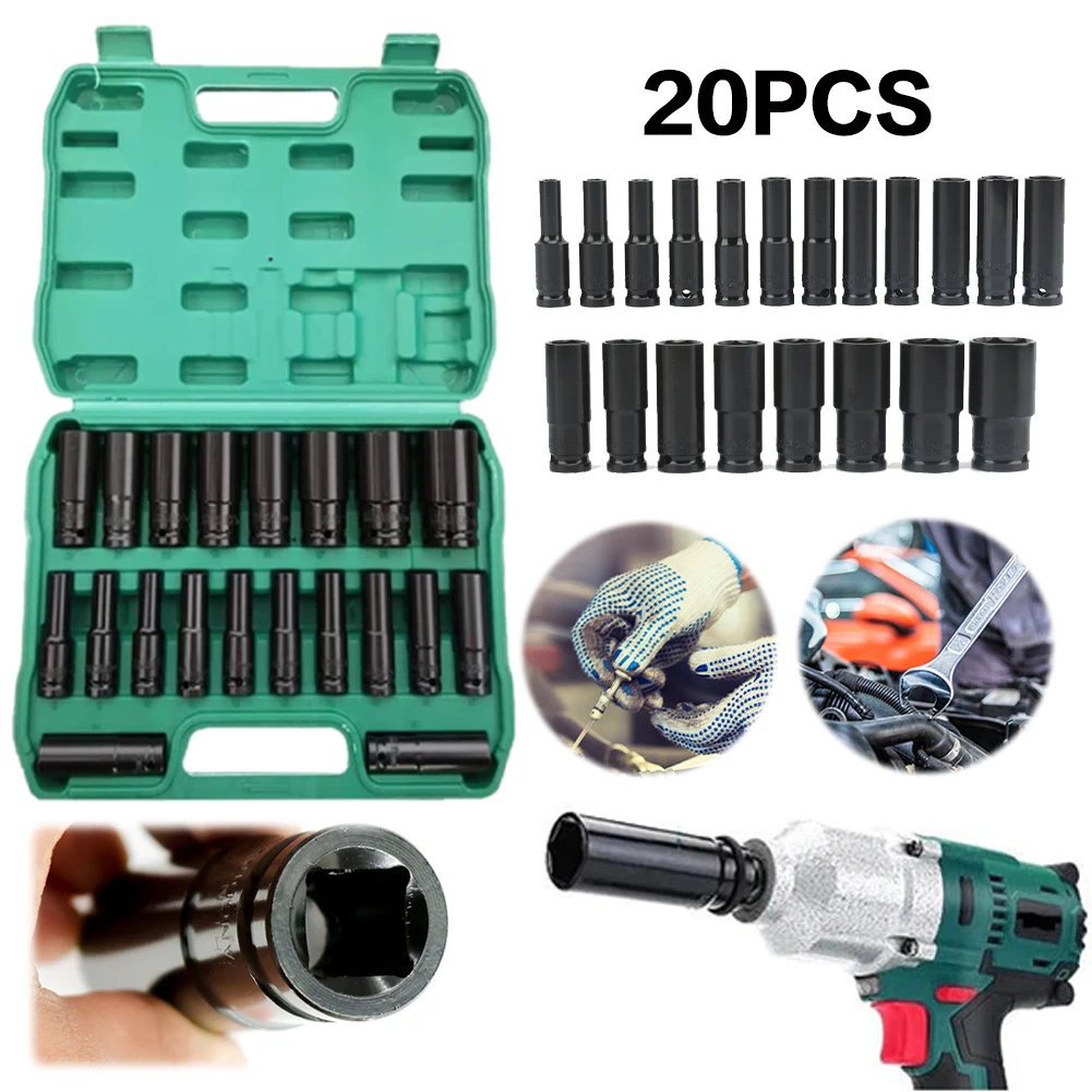 

1/2 Inch Extended Electric Wrench Socket Set Impact Socket Set Hexagonal Impact Sleeve with Storage Box Hex Socket Set Hand Tool