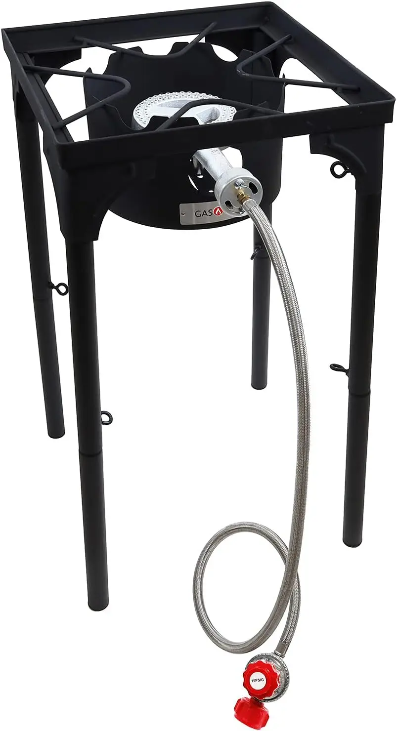 GasOne Propane Single Burner Camp Stove with High Temp Paint & Red QCC Steel Braided Regulator with Height Adjustable Leg