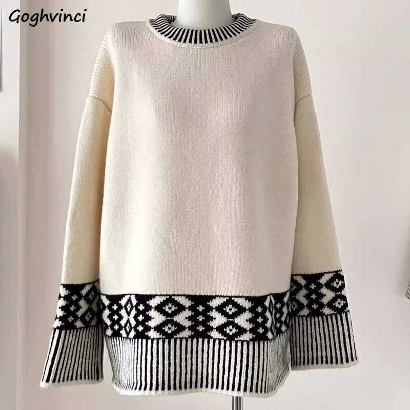 

Pullovers for Women Knitted Panelled Ins O-neck Soft Loose Fit All-match Comfortable Casual Vintage Autumn Winter Sweaters Chic