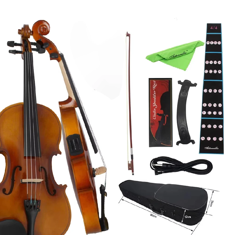 Astonvilla Retro 4/4 Electric Violin Solid Wood Acoustic Violin with Bow Case  Connection Cable Fiddle Parts & Accessories