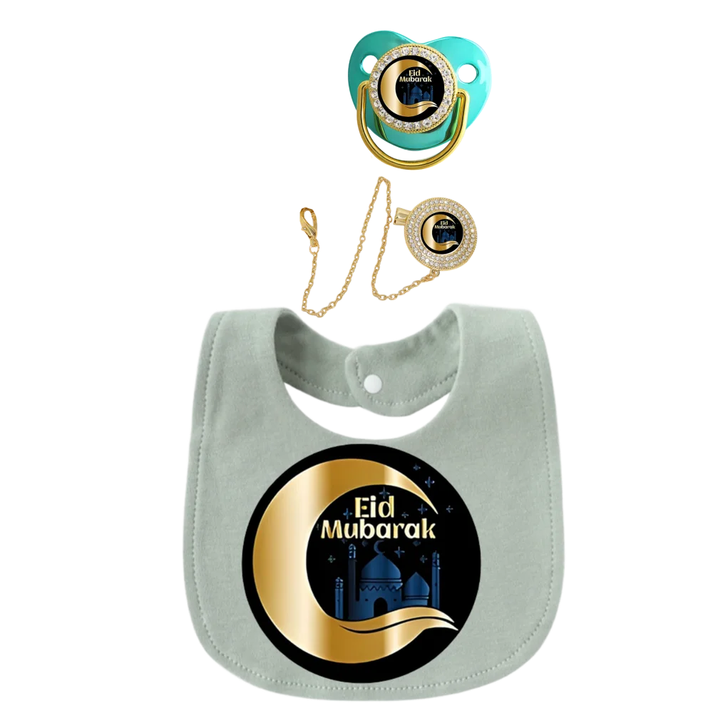Arabic Print Newborn Pacifier with Baby Chain Clip Toddler Feeding Bib 3Pcs Set Muslim Islamic Soother Dummy Silicone BPA Free
