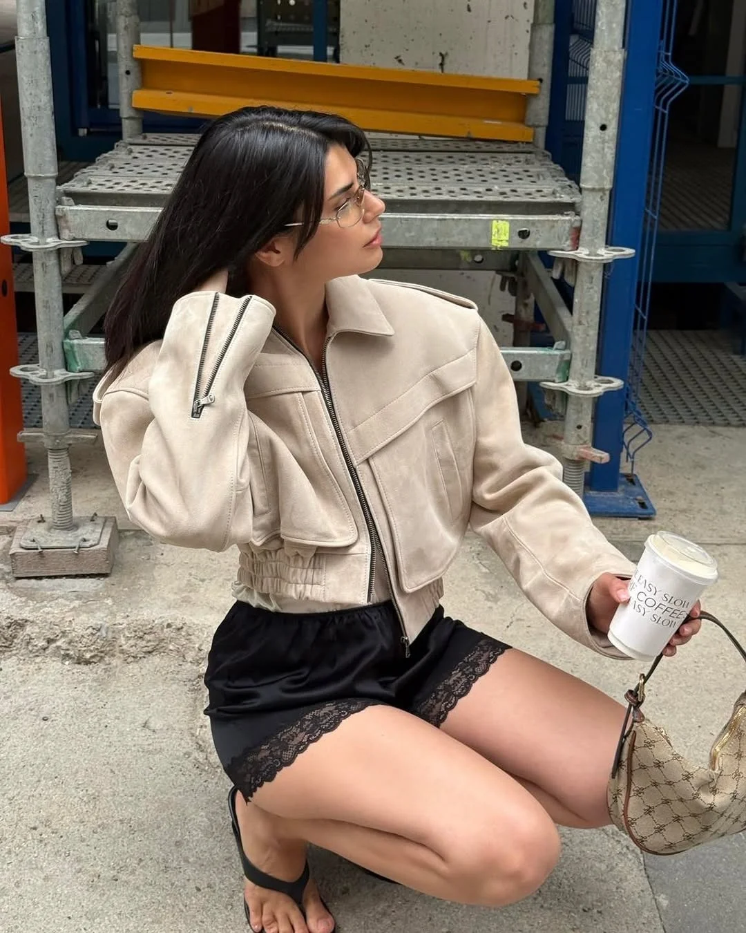 Lady Solid Faux Suede Cropped Moto Jacket Lapel Collar Zip Flap Pockets Coat Ribbed Hem Loose Short Streetwear Bomber Coats