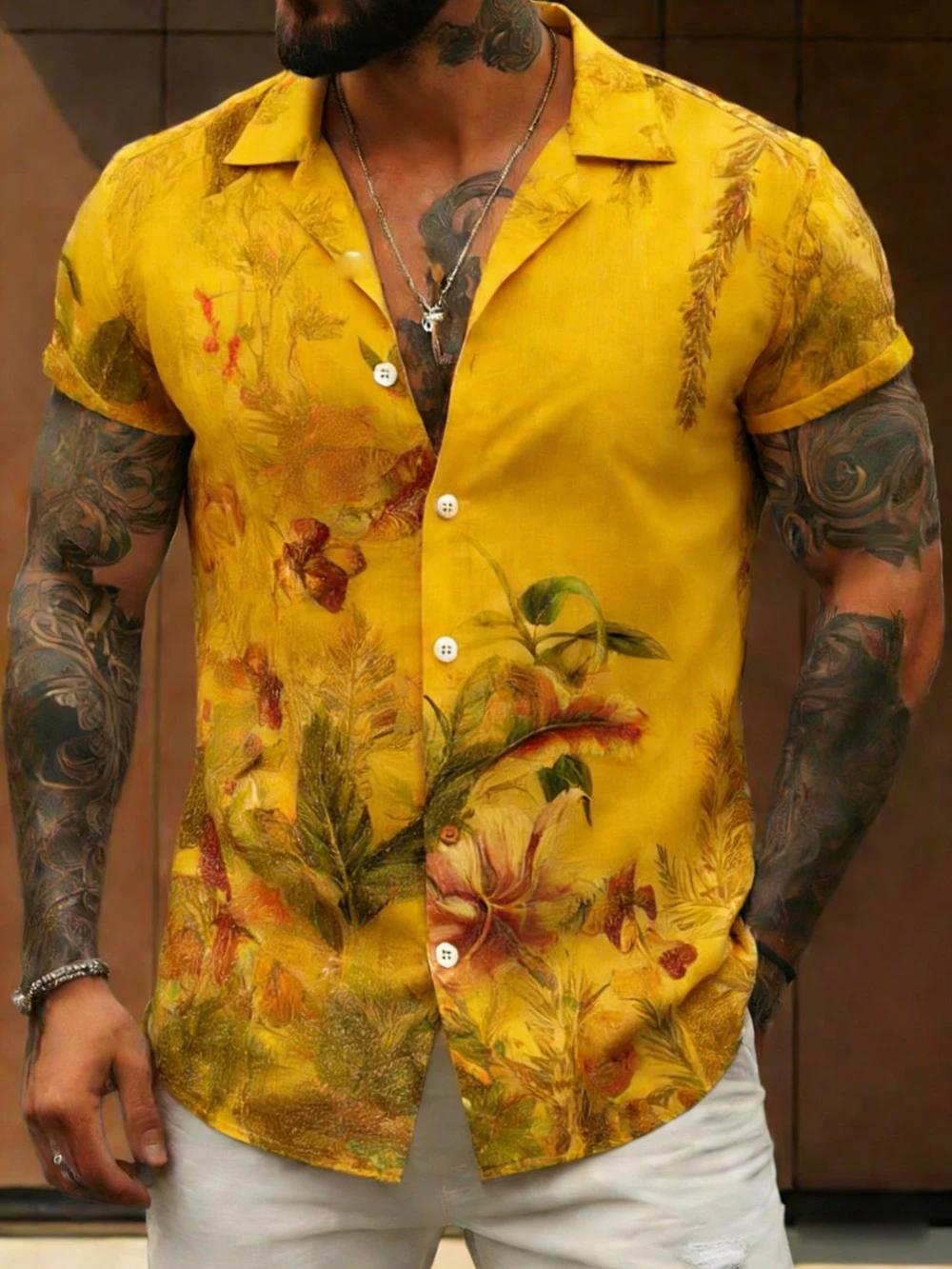 

Men's Dark Collar Short-Sleeve Shirt Natural Plant High-Definition Printed Shirt Hawaiian Vacation Outdoor Social Men's Clothing