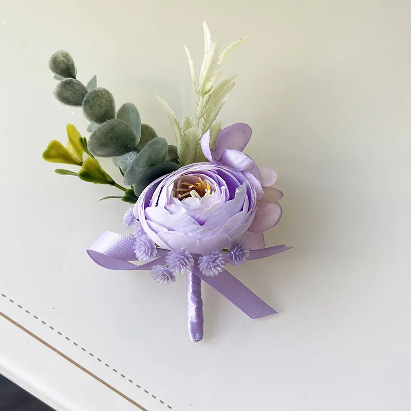 Men Buttonhole Boutonniere Prom Wedding Accessories Purple Roses Artificial Flowers Party Graduation Ceremony Suit Decoration