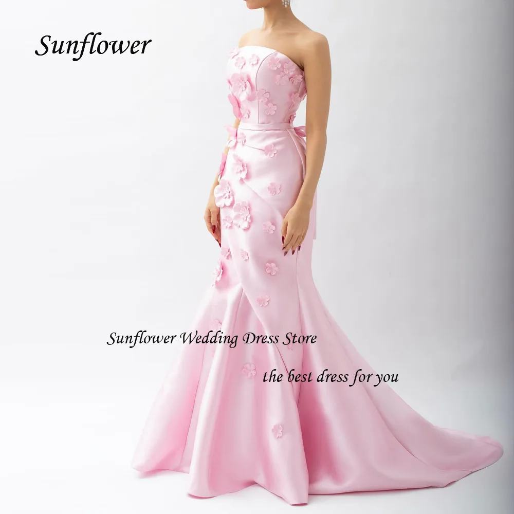 Sunflower Pink Strapless Satin Appliques Mermaid Prom dress 2024 Slim Backless Floor-Length Sweep Train Formal Evening Dress