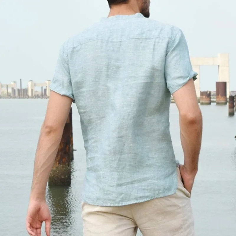 Herren Baumwoll-Leinen Henley Kurzarm-T-Shirt Leicht Atmungsaktiv Einfarbig Lässiger Lockerer Schnitt Sommer Strand Urlaub Oberteil – Detail 6