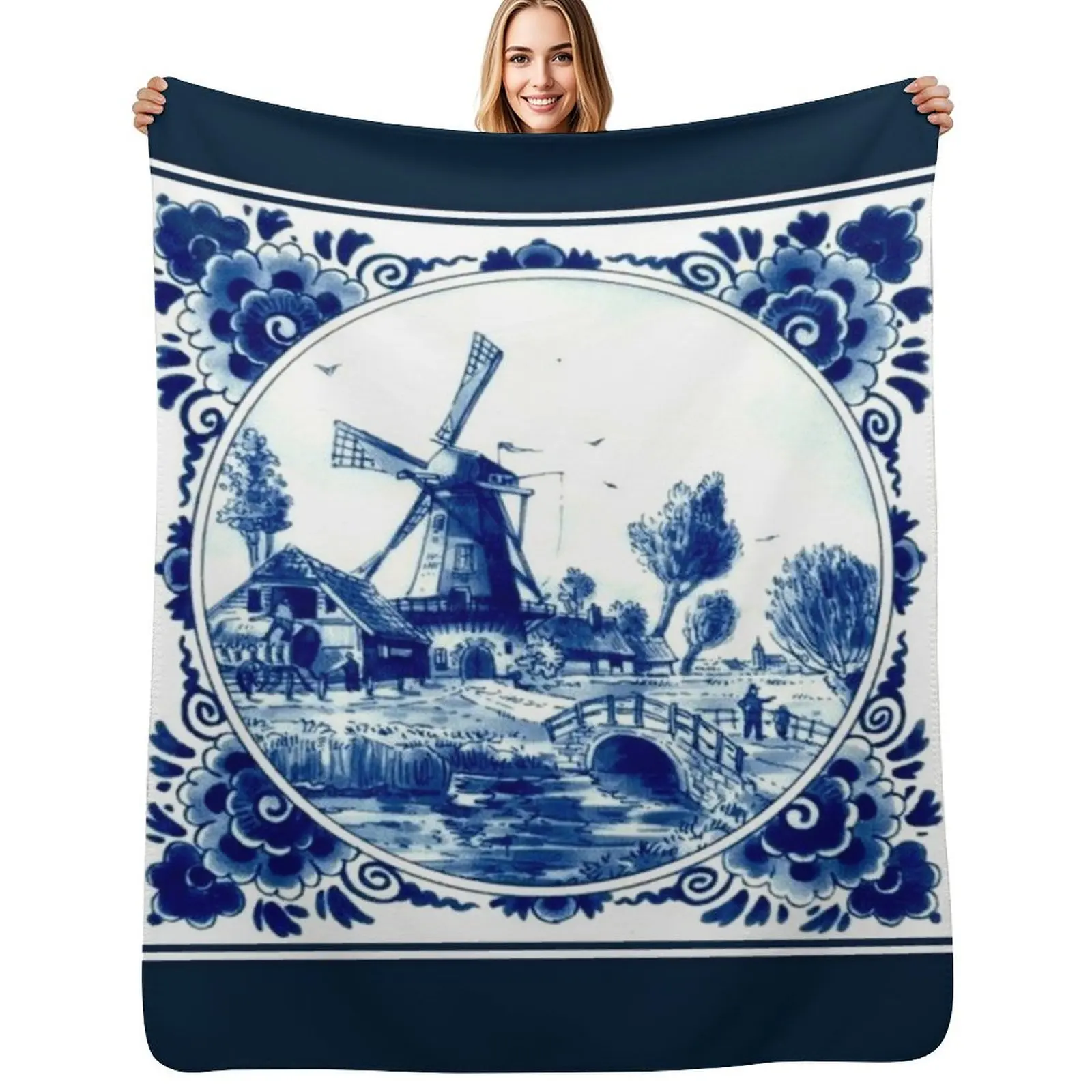 

DUTCH BLUE DELFT : Vintage Windmill and Bridge Print Throw Blanket Cozy Napping Blanket Gift for Mom Dad