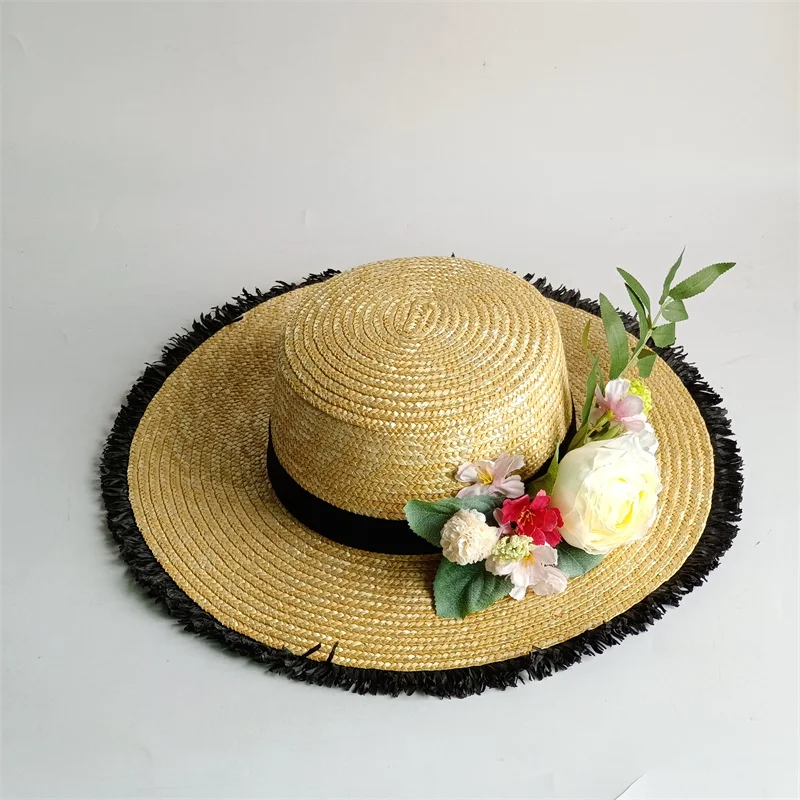 Black Flat Brim Straw Hat White Simulation Flower Straw hat Removable Flat Top Female Stage Winter Strap Women's Wedding Hat