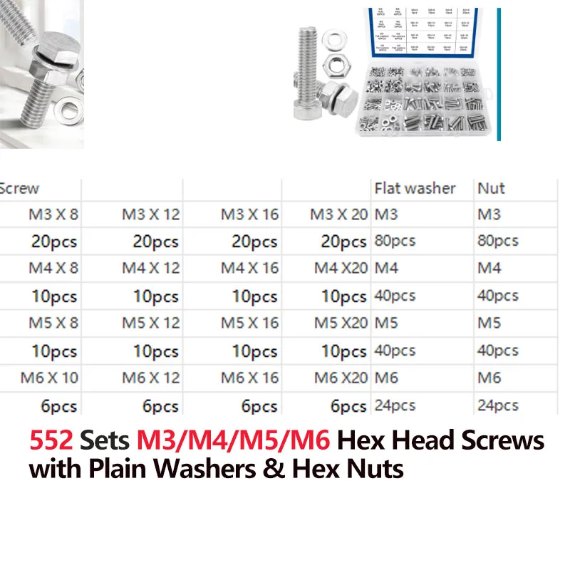 552pcs/set External Hex Bolt Set with Nuts Stainless Steel M3 M4 M5 M6 Bolts and Nuts Set Hexagon Head Screw Kit for Bicycle